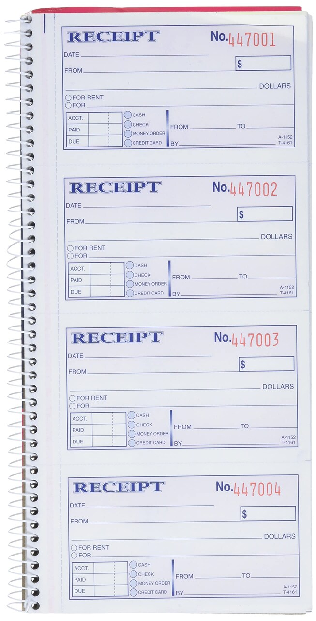 Adams Money and Rent Receipt Book, 2-Part Carbonless, 5-1/4" x 11", Spiral Bound, 200 Sets per Book, 4 Receipts per Page (SC1152)